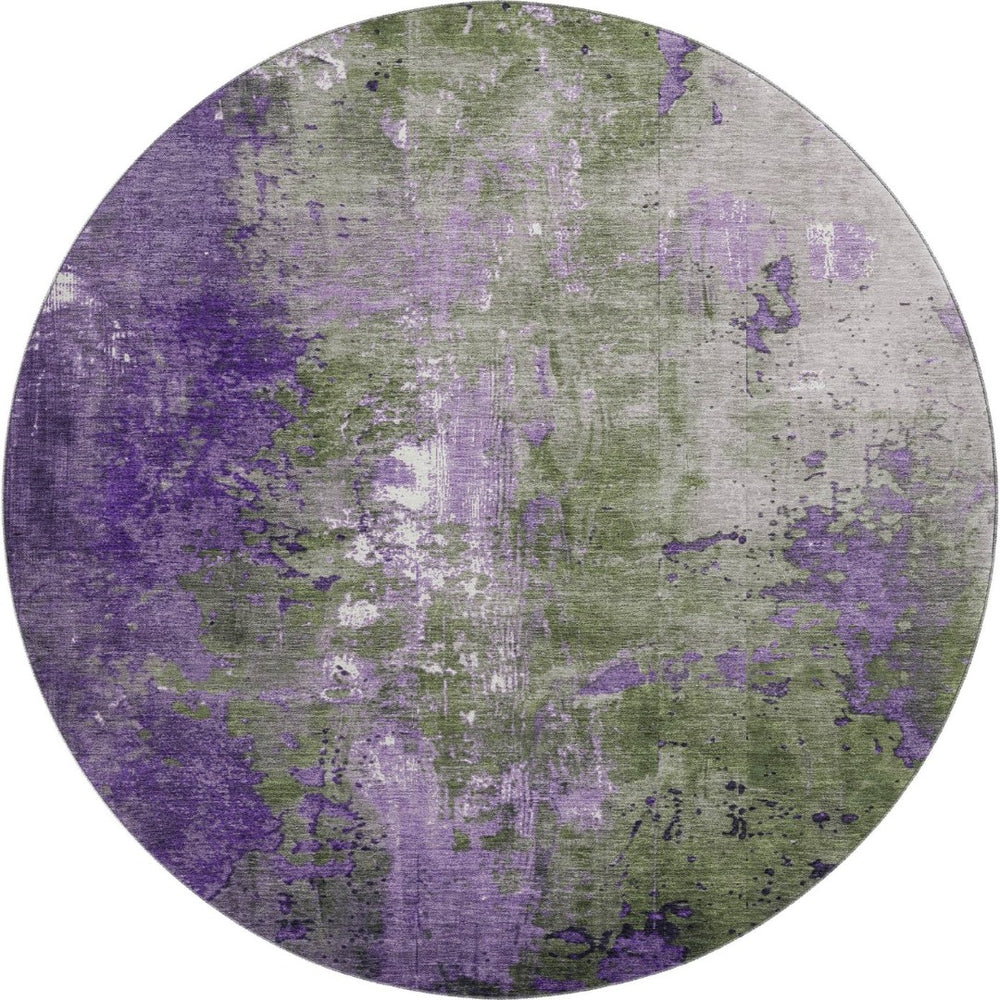 HomeRoots 8' Olive Green and Purple Abstract Round Rug - Washable, UV Protected, Durable for Indoor & Outdoor Use 706358