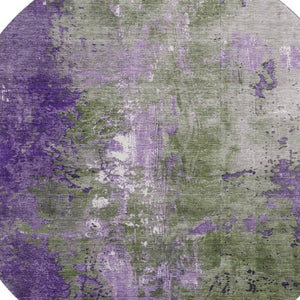 HomeRoots 8' Olive Green and Purple Abstract Round Rug - Washable, UV Protected, Durable for Indoor & Outdoor Use 706358