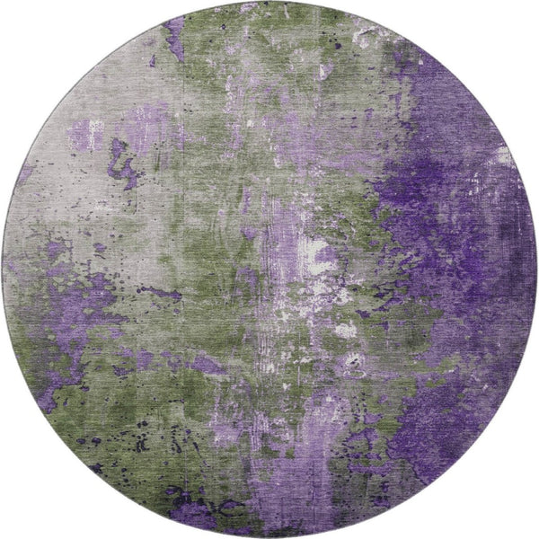 HomeRoots 8' Olive Green and Purple Abstract Round Rug - Washable, UV Protected, Durable for Indoor & Outdoor Use 706358