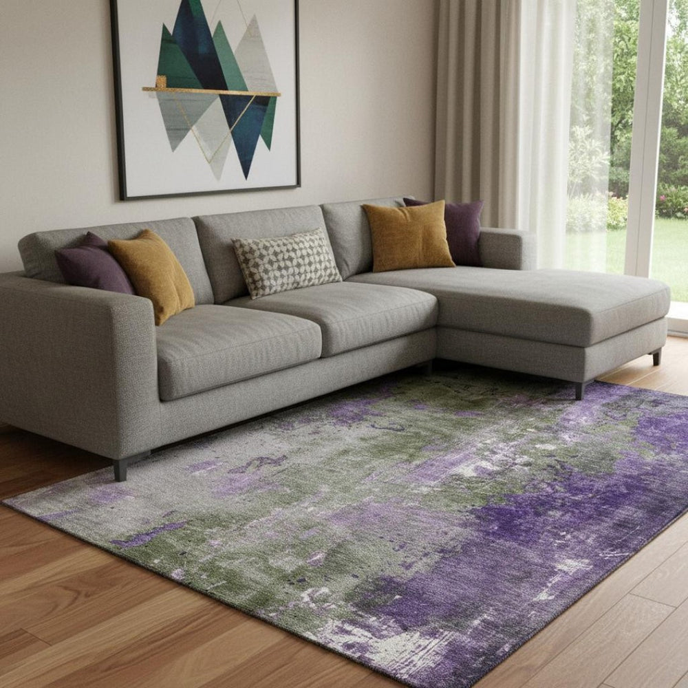 HomeRoots 8' X 10' Vibrant Olive Green & Purple Abstract Area Rug - Durable, Washable, UV Protected Design! 706359