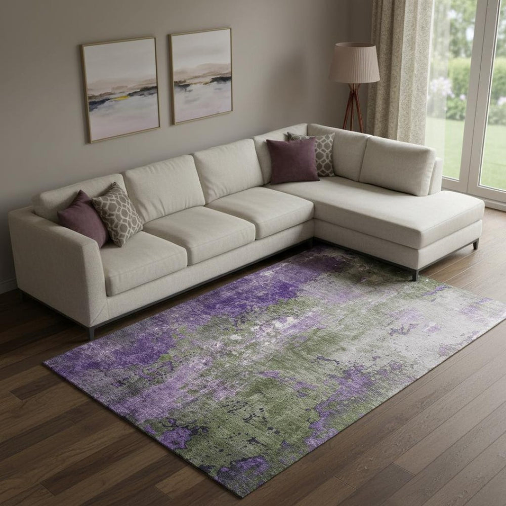 HomeRoots 9' X 12' Abstract Olive Green and Purple Washable Area Rug with UV Protection for High-Traffic Rooms 706360