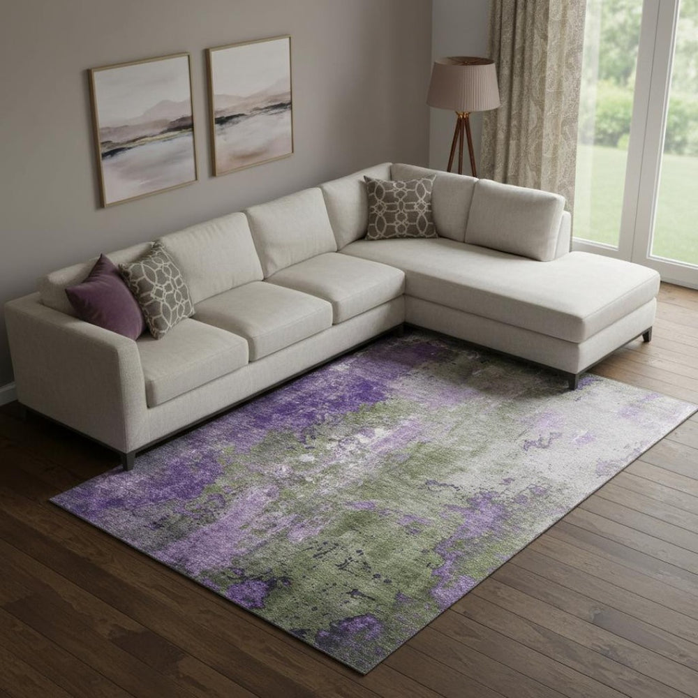 HomeRoots 10' X 14' Abstract Area Rug in Olive Green & Purple - Washable, UV-Protected, Non-Slip Backing! 706361