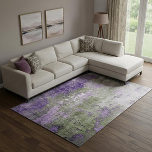 HomeRoots 10' X 14' Abstract Area Rug in Olive Green & Purple - Washable, UV-Protected, Non-Slip Backing! 706361