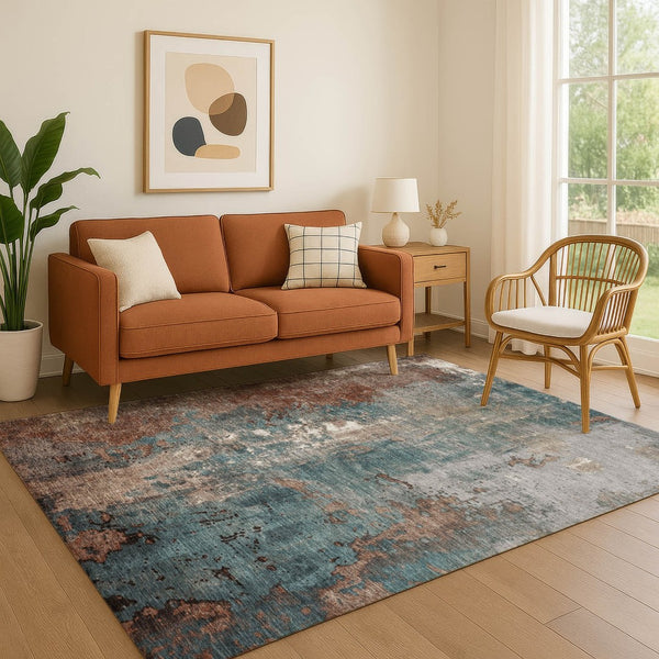HomeRoots 5' X 8' Abstract Area Rug in Rust & Teal – Washable, UV-Protected, Pet-Friendly, Stylish Design 706363