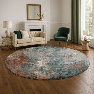 HomeRoots 8' Washable Round Rug in Rust and Teal Abstract Design – UV Protected, Stain-Resistant, Durable Options 706364