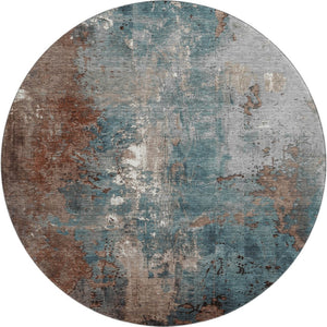 HomeRoots 8' Washable Round Rug in Rust and Teal Abstract Design – UV Protected, Stain-Resistant, Durable Options 706364