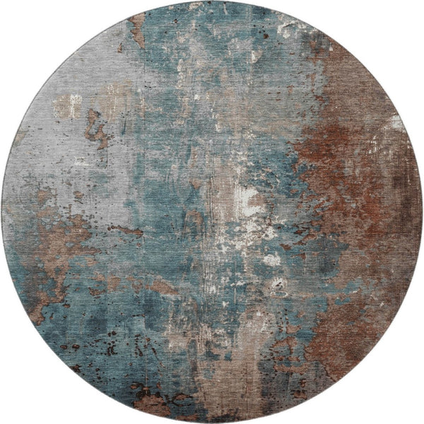 HomeRoots 8' Washable Round Rug in Rust and Teal Abstract Design – UV Protected, Stain-Resistant, Durable Options 706364