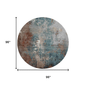 HomeRoots 8' Washable Round Rug in Rust and Teal Abstract Design – UV Protected, Stain-Resistant, Durable Options 706364