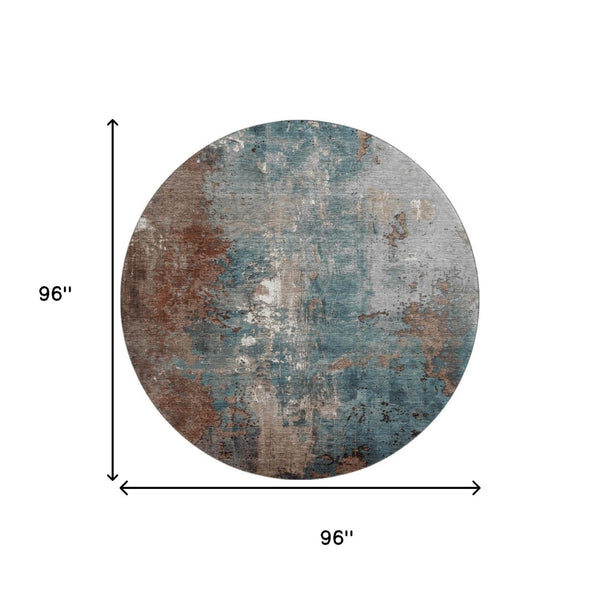 HomeRoots 8' Washable Round Rug in Rust and Teal Abstract Design – UV Protected, Stain-Resistant, Durable Options 706364