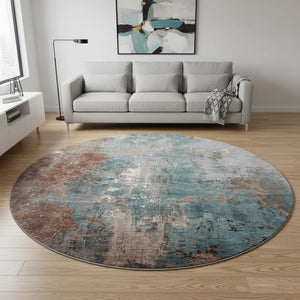 HomeRoots 8' Washable Round Rug in Rust and Teal Abstract Design – UV Protected, Stain-Resistant, Durable Options 706364