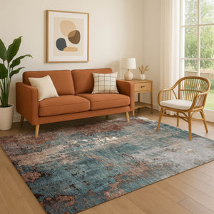 HomeRoots 10' X 14' Stylish Rust and Teal Abstract Washable Area Rug with UV Protection for High-Traffic Homes 706367