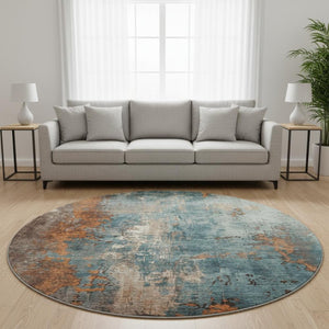 HomeRoots 8' Teal And Orange Abstract Round Rug - UV Protected, Stain Resistant, Easy Care for Stylish Spaces 706370