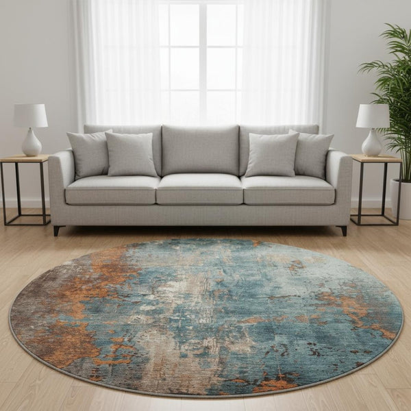 HomeRoots 8' Teal And Orange Abstract Round Rug - UV Protected, Stain Resistant, Easy Care for Stylish Spaces 706370