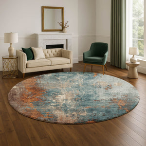 HomeRoots 8' Teal And Orange Abstract Round Rug - UV Protected, Stain Resistant, Easy Care for Stylish Spaces 706370