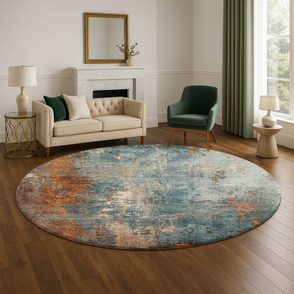 HomeRoots 8' Teal And Orange Abstract Round Rug - UV Protected, Stain Resistant, Easy Care for Stylish Spaces 706370