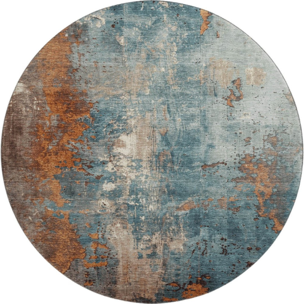 HomeRoots 8' Teal And Orange Abstract Round Rug - UV Protected, Stain Resistant, Easy Care for Stylish Spaces 706370