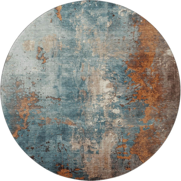 HomeRoots 8' Teal And Orange Abstract Round Rug - UV Protected, Stain Resistant, Easy Care for Stylish Spaces 706370