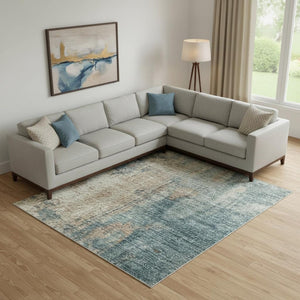 HomeRoots 9' X 12' Teal & Orange Abstract Area Rug - Durable, Washable, UV-Protected for High-Traffic Spaces 706372