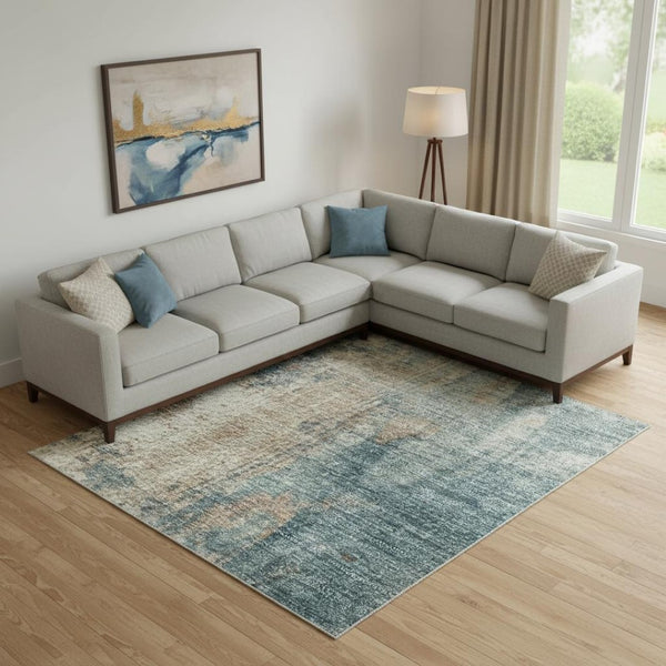 HomeRoots 9' X 12' Teal & Orange Abstract Area Rug - Durable, Washable, UV-Protected for High-Traffic Spaces 706372