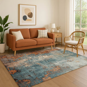 HomeRoots 9' X 12' Teal & Orange Abstract Area Rug - Durable, Washable, UV-Protected for High-Traffic Spaces 706372