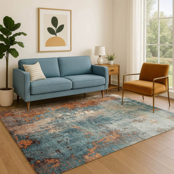 HomeRoots 9' X 12' Teal & Orange Abstract Area Rug - Durable, Washable, UV-Protected for High-Traffic Spaces 706372
