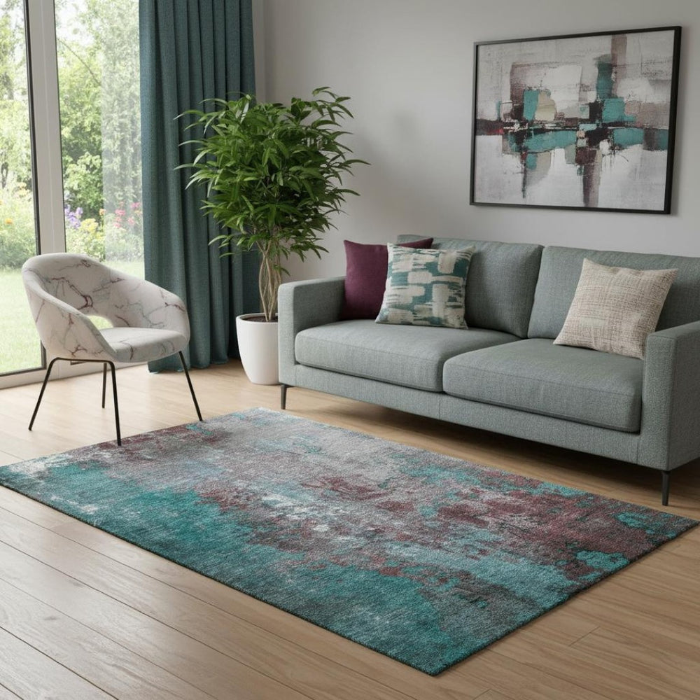 HomeRoots 5' X 8' Turquoise & Merlot Abstract Washable Area Rug – UV Protected, Stain-Resistant, Stylish Design! 706375