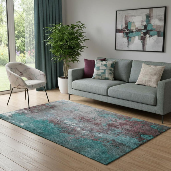 HomeRoots 5' X 8' Turquoise & Merlot Abstract Washable Area Rug – UV Protected, Stain-Resistant, Stylish Design! 706375