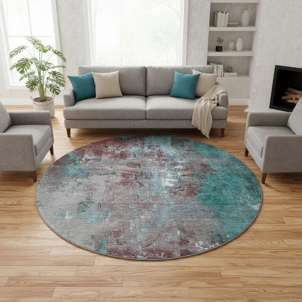 HomeRoots 8' Turquoise & Merlot Round Rug - Abstract Design, Washable, UV Protected, Durable & Stylish Home Accent 706376