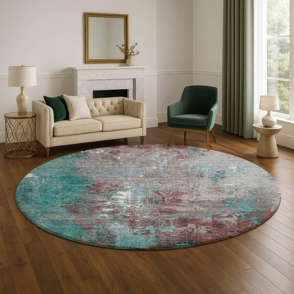 HomeRoots 8' Turquoise & Merlot Round Rug - Abstract Design, Washable, UV Protected, Durable & Stylish Home Accent 706376