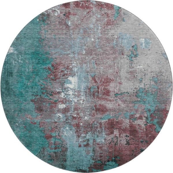 HomeRoots 8' Turquoise & Merlot Round Rug - Abstract Design, Washable, UV Protected, Durable & Stylish Home Accent 706376