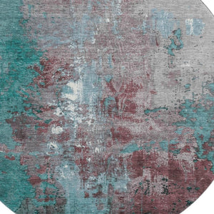 HomeRoots 8' Turquoise & Merlot Round Rug - Abstract Design, Washable, UV Protected, Durable & Stylish Home Accent 706376