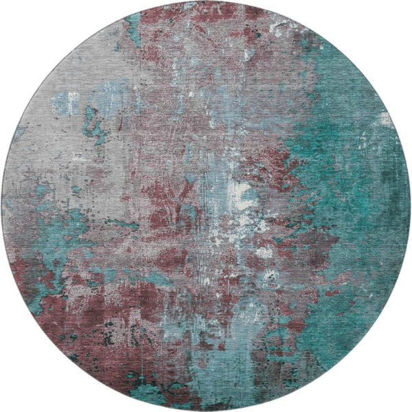 HomeRoots 8' Turquoise & Merlot Round Rug - Abstract Design, Washable, UV Protected, Durable & Stylish Home Accent 706376