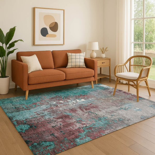 HomeRoots 8' X 10' Turquoise and Merlot Abstract Washable Area Rug with UV Protection for Modern Spaces 706377
