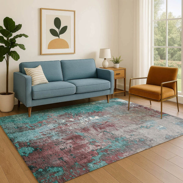HomeRoots 8' X 10' Turquoise and Merlot Abstract Washable Area Rug with UV Protection for Modern Spaces 706377