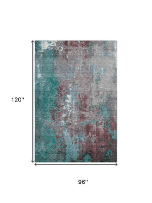 HomeRoots 8' X 10' Turquoise and Merlot Abstract Washable Area Rug with UV Protection for Modern Spaces 706377