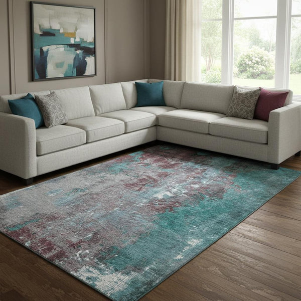 HomeRoots 8' X 10' Turquoise and Merlot Abstract Washable Area Rug with UV Protection for Modern Spaces 706377