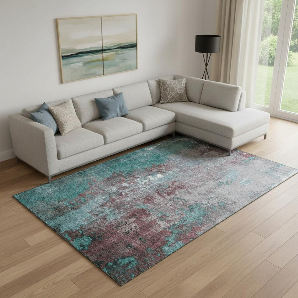 HomeRoots 9' Turquoise & Merlot Abstract Washable Area Rug - UV Protected, Stain-Resistant, Non-Slip Comfort 706378