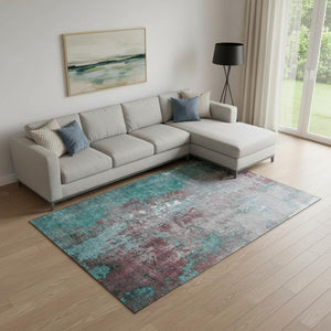 HomeRoots 10' X 14' Turquoise and Merlot Abstract Area Rug - Stain-Resistant, UV Protected for Modern Spaces 706379