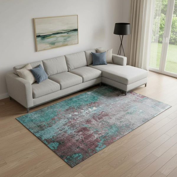 HomeRoots 10' X 14' Turquoise and Merlot Abstract Area Rug - Stain-Resistant, UV Protected for Modern Spaces 706379