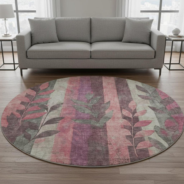 HomeRoots 8' Blush and Gray Floral Round Rug - Washable, UV-Protected, Stain-Resistant for Busy Homes 706382