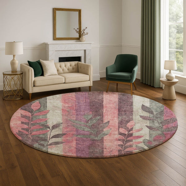 HomeRoots 8' Blush and Gray Floral Round Rug - Washable, UV-Protected, Stain-Resistant for Busy Homes 706382