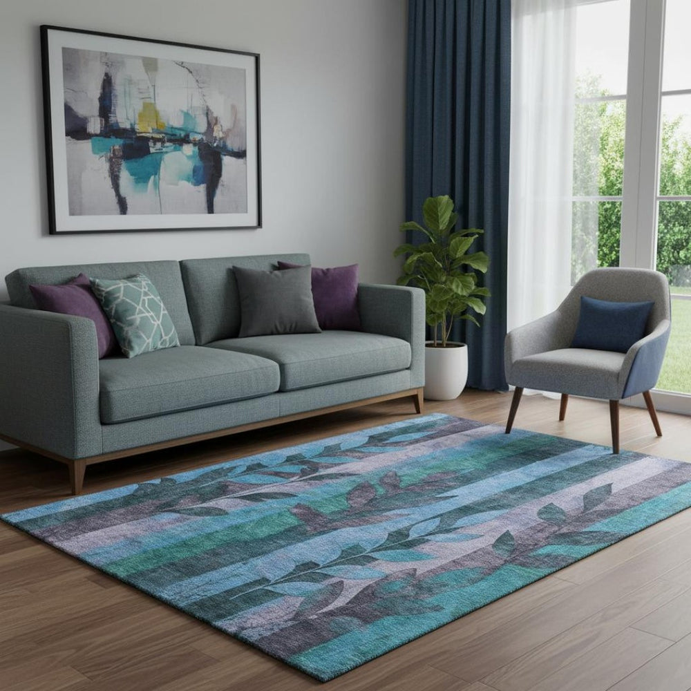 HomeRoots 5' X 8' Denim Blue & Lavender Floral Area Rug - Washable, Stain-Resistant with UV Protection! 706387