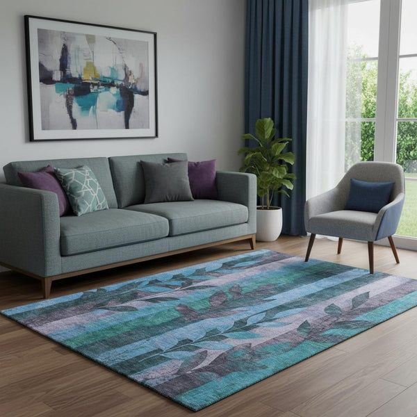 HomeRoots 5' X 8' Denim Blue & Lavender Floral Area Rug - Washable, Stain-Resistant with UV Protection! 706387