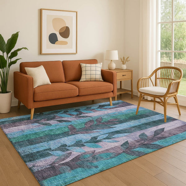 HomeRoots 5' X 8' Denim Blue & Lavender Floral Area Rug - Washable, Stain-Resistant with UV Protection! 706387