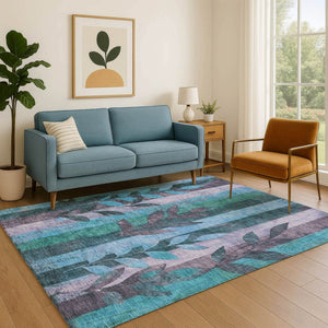 HomeRoots 5' X 8' Denim Blue & Lavender Floral Area Rug - Washable, Stain-Resistant with UV Protection! 706387