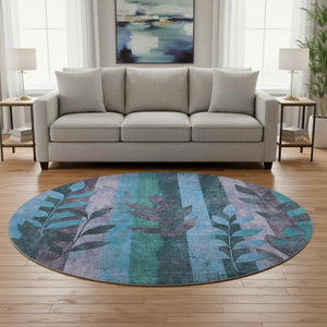 HomeRoots 8' Denim Blue & Lavender Floral Washable Round Rug – UV Protected, Stain Resistant for Busy Homes 706388