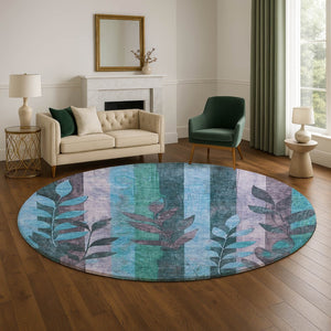 HomeRoots 8' Denim Blue & Lavender Floral Washable Round Rug – UV Protected, Stain Resistant for Busy Homes 706388
