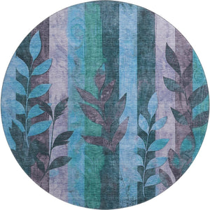HomeRoots 8' Denim Blue & Lavender Floral Washable Round Rug – UV Protected, Stain Resistant for Busy Homes 706388