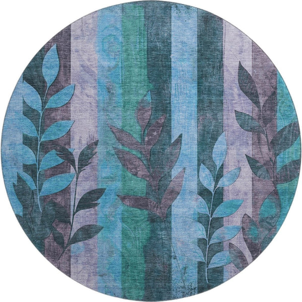 HomeRoots 8' Denim Blue & Lavender Floral Washable Round Rug – UV Protected, Stain Resistant for Busy Homes 706388