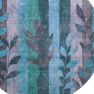 HomeRoots 8' Denim Blue & Lavender Floral Washable Round Rug – UV Protected, Stain Resistant for Busy Homes 706388